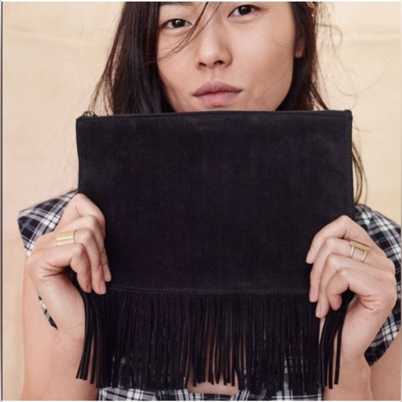 Madewell Suede Leather Fringed Pouch Clutch in Black - Picture 1 of 7
